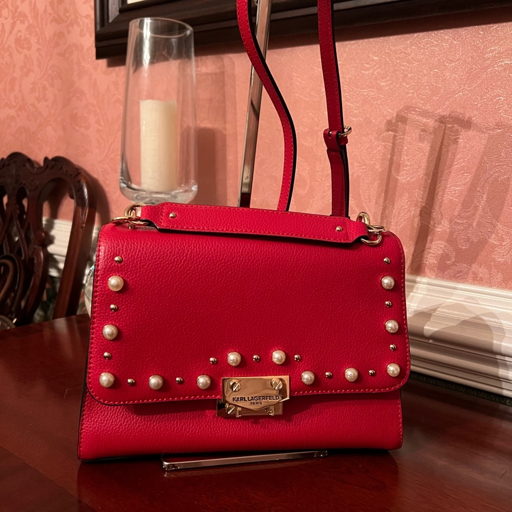 Karl Lagerfeld Red Pebble Leather Mini Top Handle with adjustable Shoulder Strap